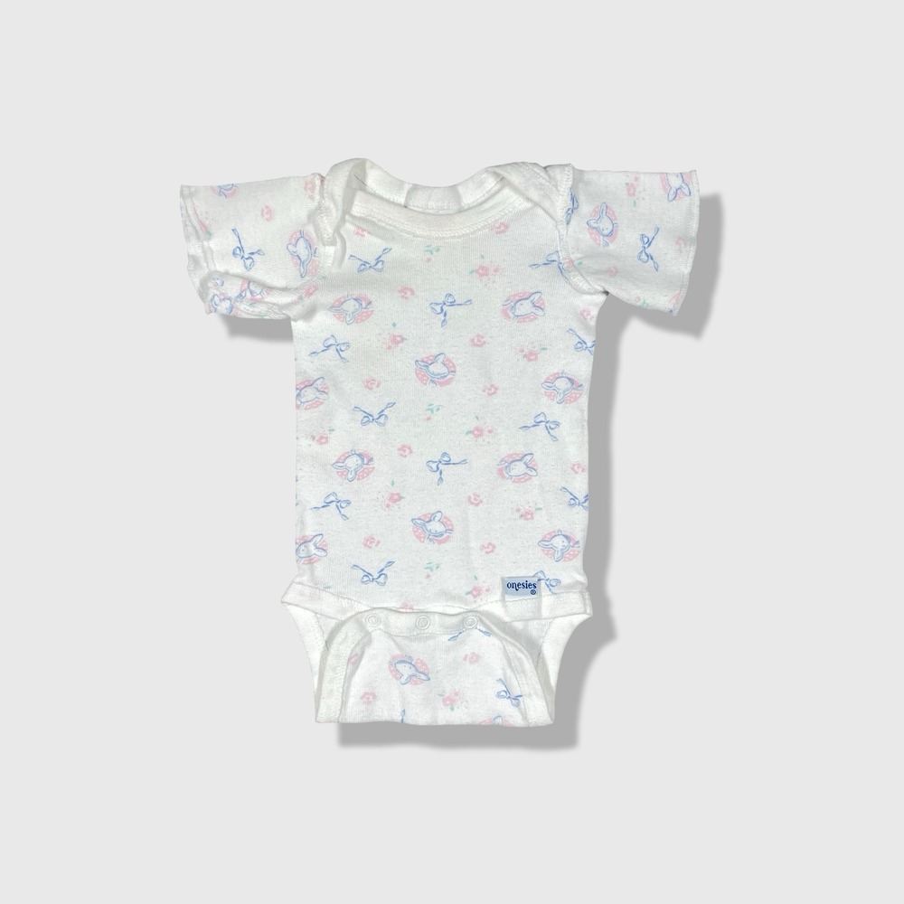 Onesies Brand Bodysuit‎ Baby 0-3M White Rabbit Floral Vintage Cottagecore 11663
